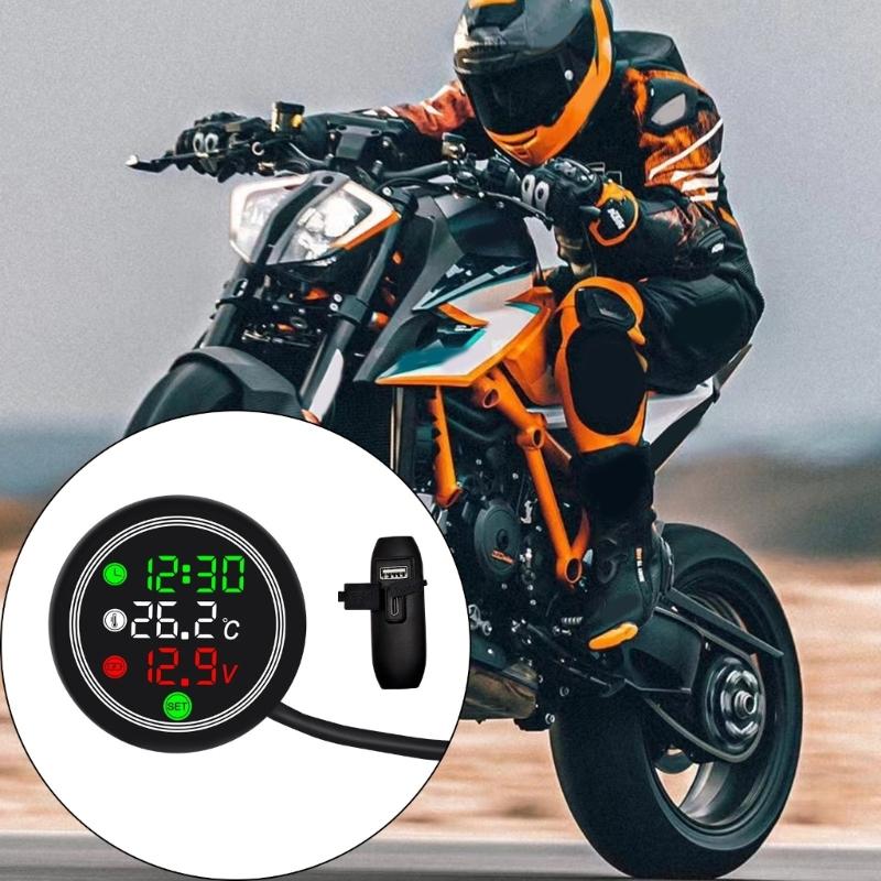 12V Motorcycle Voltmeter Voltage Gauge With Temperature Monitoring USB Type C Charging And Time Display
