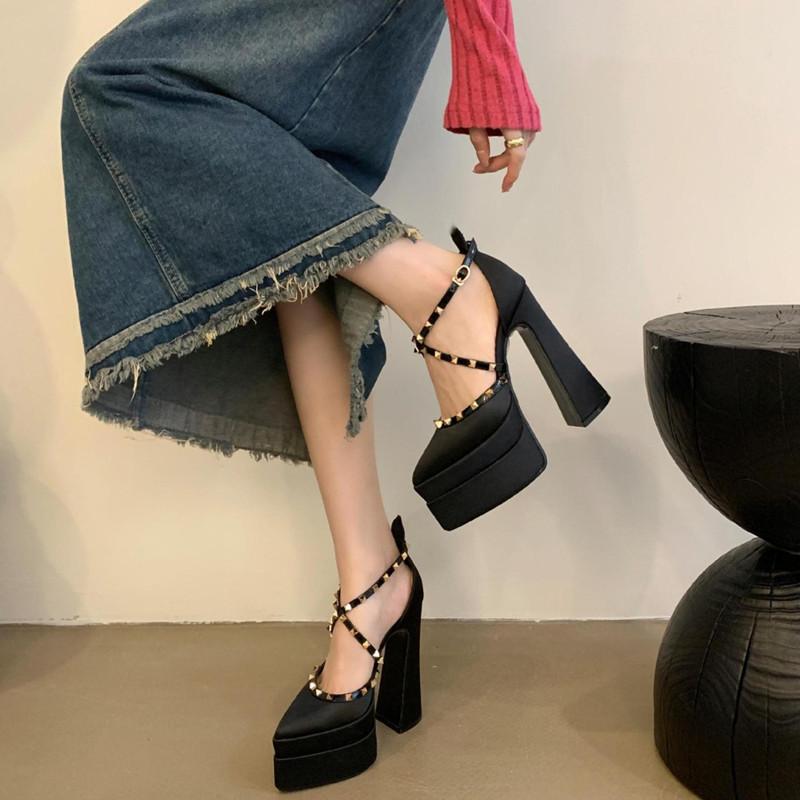 Fashion Laufsteg Stil Mode Nieten Satin Mary Janes Damen Pumps Sexy 15CM Ultra Hohe Absätze Plateau Wedges Frühling Sommer Partyschuhe