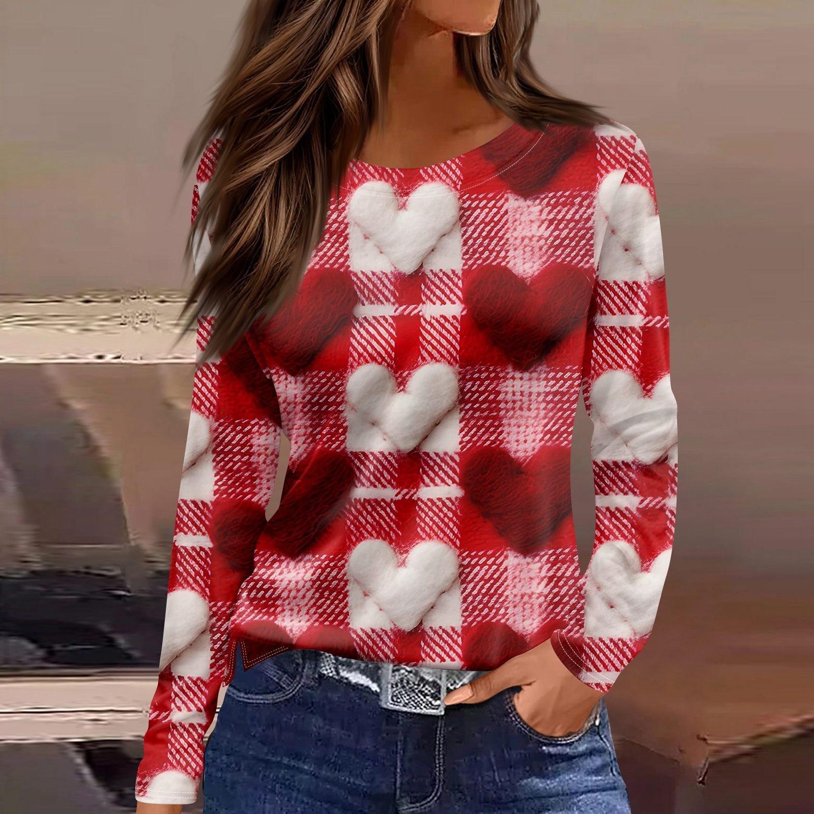 

Женская мода День святого Валентина принтованный круглый вырез повседневный длинный рукав топ XL арбуз красный