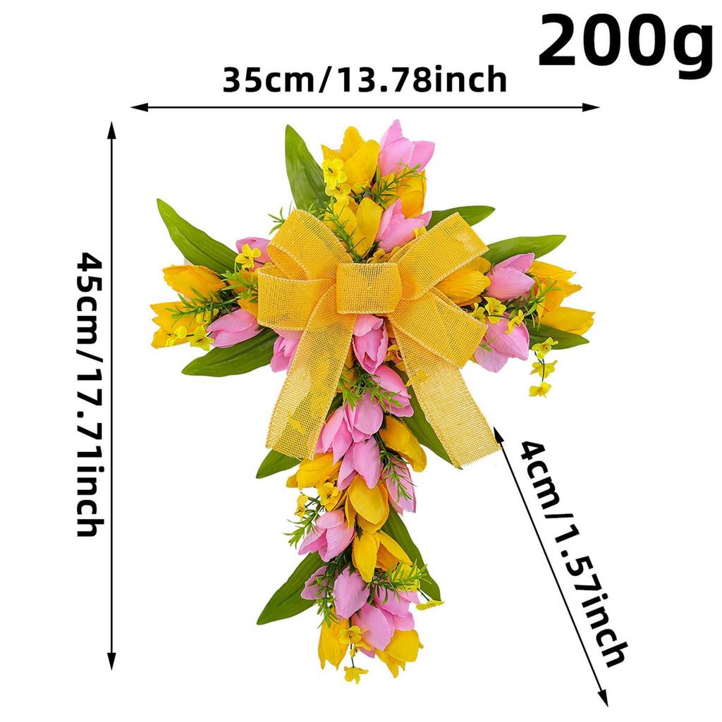 Artificial Flower Wreath Garland Hanger Easter Cross Wreath Tulip Door Wreath for Festival Front Door Indoor Window Housewarming
