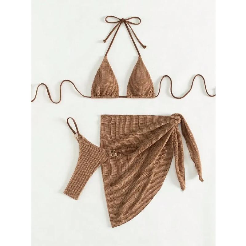 Sexy Brown Bikini Set 2025 Women Halter Push Up Bra Skirt 3 Piece Swimsuit Summer Bathing Suit Cover Up Thong Swimwear Biquini