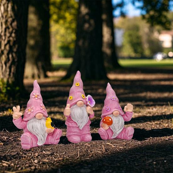 3 Pcs/Set Flower Gnome Figurines Collectible Dwarf Wearing Floral Hat Ornaments Desktop Gnome Statues for Home Cabinet Shelf Decorations