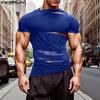 INCERUN Men Cutout Short Sleeve Irregular Patchwork Mesh Fitted T-shirts Tops
