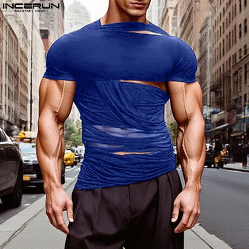 INCERUN Men Cutout Short Sleeve Irregular Patchwork Mesh Fitted T-shirts Tops