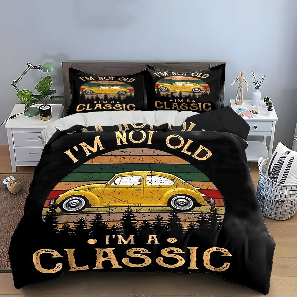 Voiture Jaune Vintage Rétro Classique Ensemble de Literie Housse de Couette Housse de Couette Taies d'Oreiller  (1*Housse de couette 2*Taies d'oreiller, sans couette)
