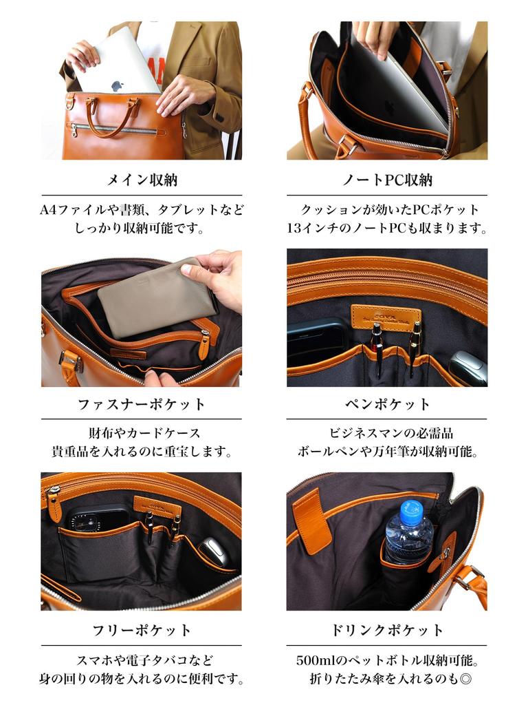 Joya Men's Saddle Leather Business Bag, Genuine Leather, 2-Way Briefcase, A4 Size, Navy, J4202