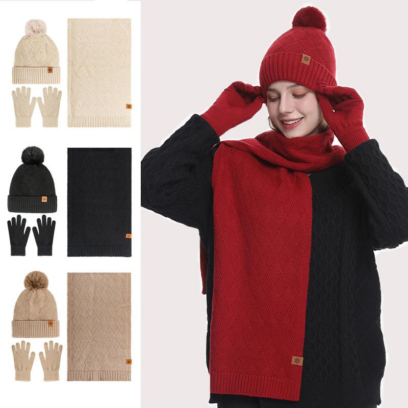 3pcs/set Hat Scarf For Women Gloves Set Outdoor Riding With Touch Screen Winter Pompom Hat Knit Beanie Fleece Lined