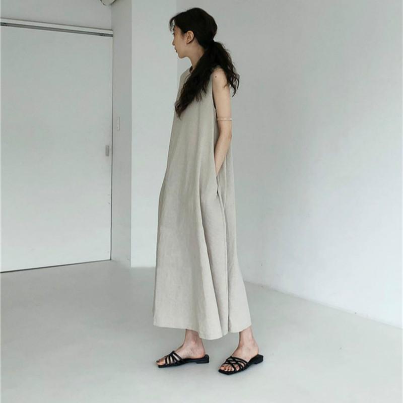 Women Summer Vintage Cotton and Linen Long Tank Dress Sleeveless Loose Waist Large Hem Round Collar Midi Sundress