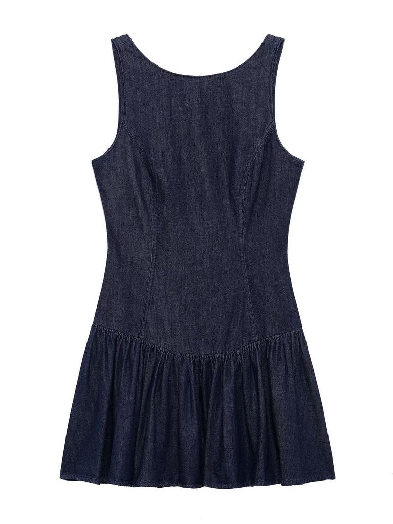 2026 Women's European & American Style Sleeveless Slimming Solid Color Denim Effect Short Dress