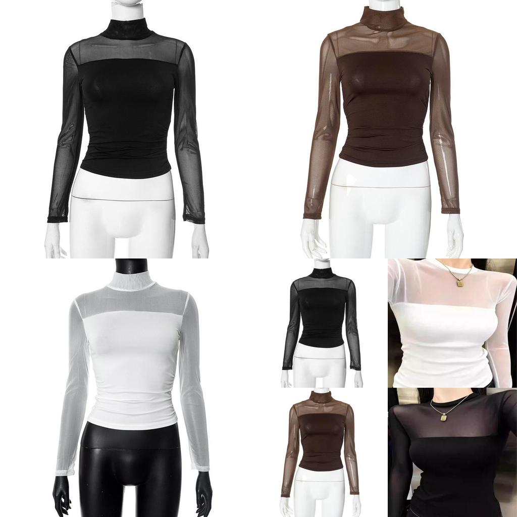 Womens Long Sleeve Basic T Shirt With Sheer Panel And High Neck For Casual Wear