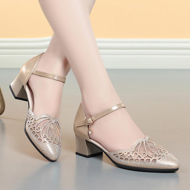 Summer Women One-word Buckle Sandals Flat Mid Heel Chunky Heel  PU Leather Shoes Hollow Mesh Soft Bottom Mom Single Shoes