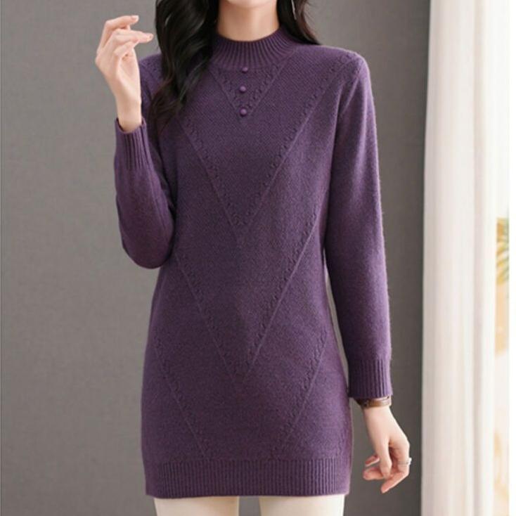 Half Turtleneck Sweater Dress for Women Solid Color Long-sleeved Mid-length Knitted Sweater Autumn and Winter Casual Loose Pullover