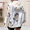 Women Plus Size White Zip Up Long Sleeve Hoodie Drawstring Hood Printed Puppy Pumpkin Fall Leaf Pattern With Pockets