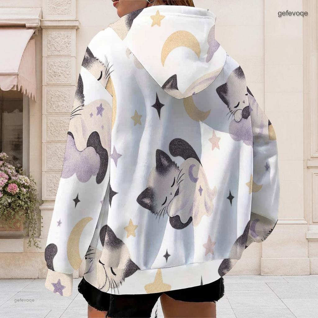 Women Plus Size White Zip Up Long Sleeve Hoodie Drawstring Hood Printed Puppy Pumpkin Fall Leaf Pattern With Pockets