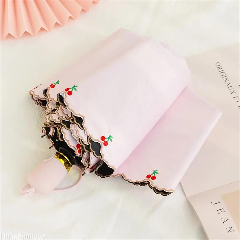 Embroidered Lace Three-Folding Automatic Umbrella Vinyl UV Protection Sunny and Rainy Dual Use Parasol Sun Shade Umbrella