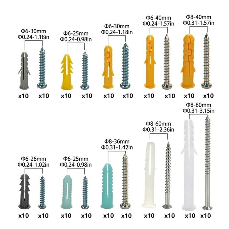 Expansion Sleeve and Screw Set 200 Count Assorted Wall Fasteners in Compartment Case for Hanging Fixtures Indoor Mounting and Household Repair Work
