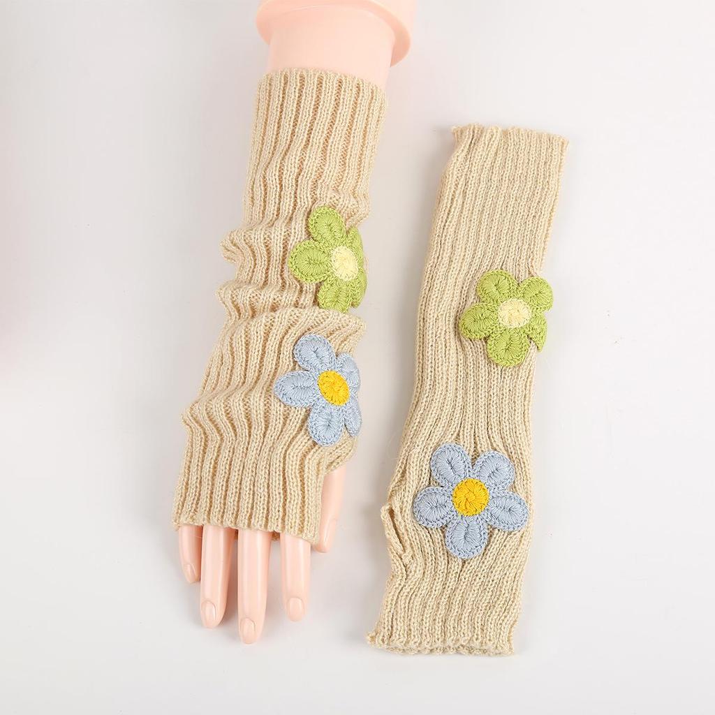 2024 College Style Ruched Fingerless Flower Gloves for Women – Autumn Winter Knitted Wool Warm Arm Sleeves