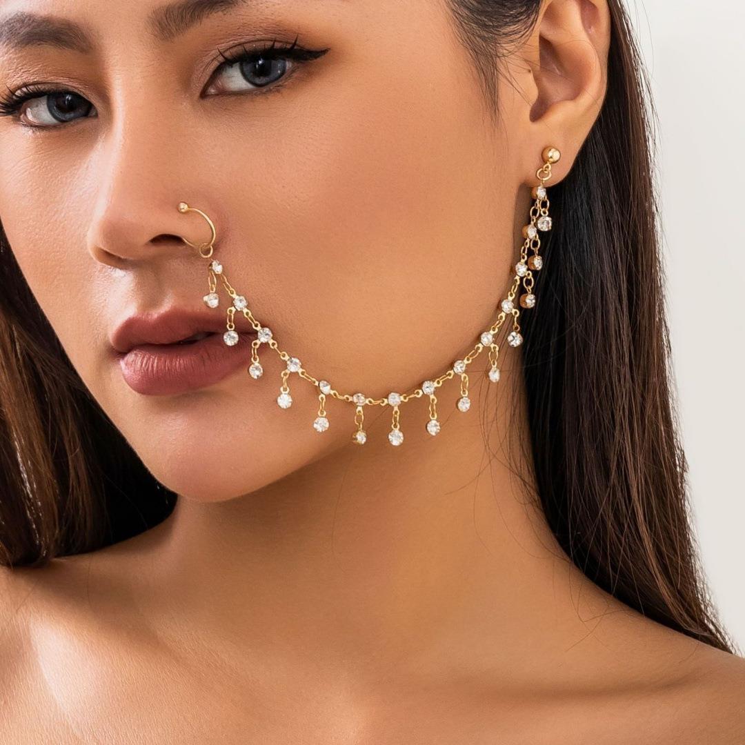 

Sweet Punk Rhinestone Star Tassel Faux Pearl Bead Piercing-Free Nose Ring