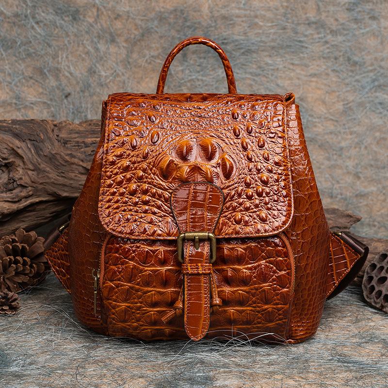 Vintage Women Genuine Leather Backpack Crocodile Pattern Women's Real Cow Leather Bagpacks Luxury Anti-theft Ladies Travel Bag