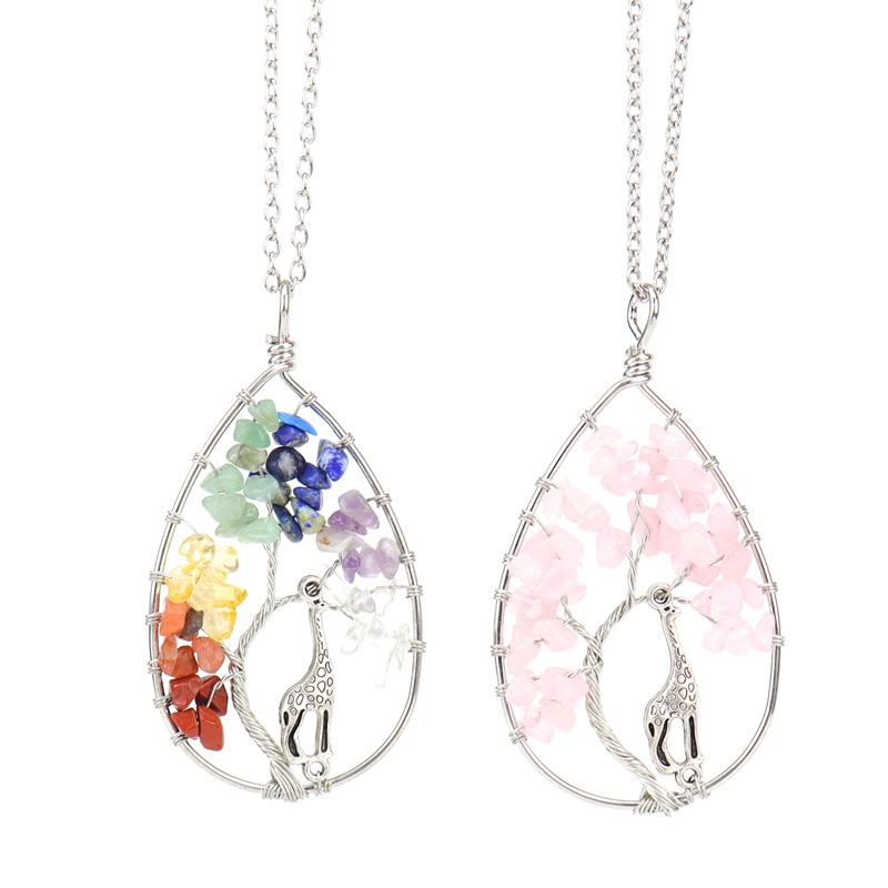 Handmade Copper Wire Wound Natural Gravel Crystal Giraffe Life Tree Fortune Tree Necklace N53