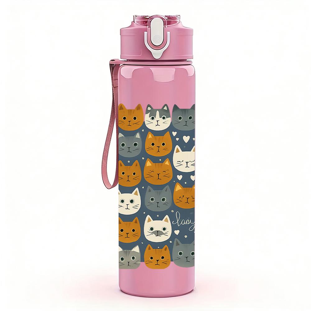 1 PZ Gatto Cartone Animato Layout a Griglia 750ml Colore Plastica Borraccia Sportiva Tappo Flip con Cannuccia Anti-perdita Per Sport Ufficio Uso Domestico