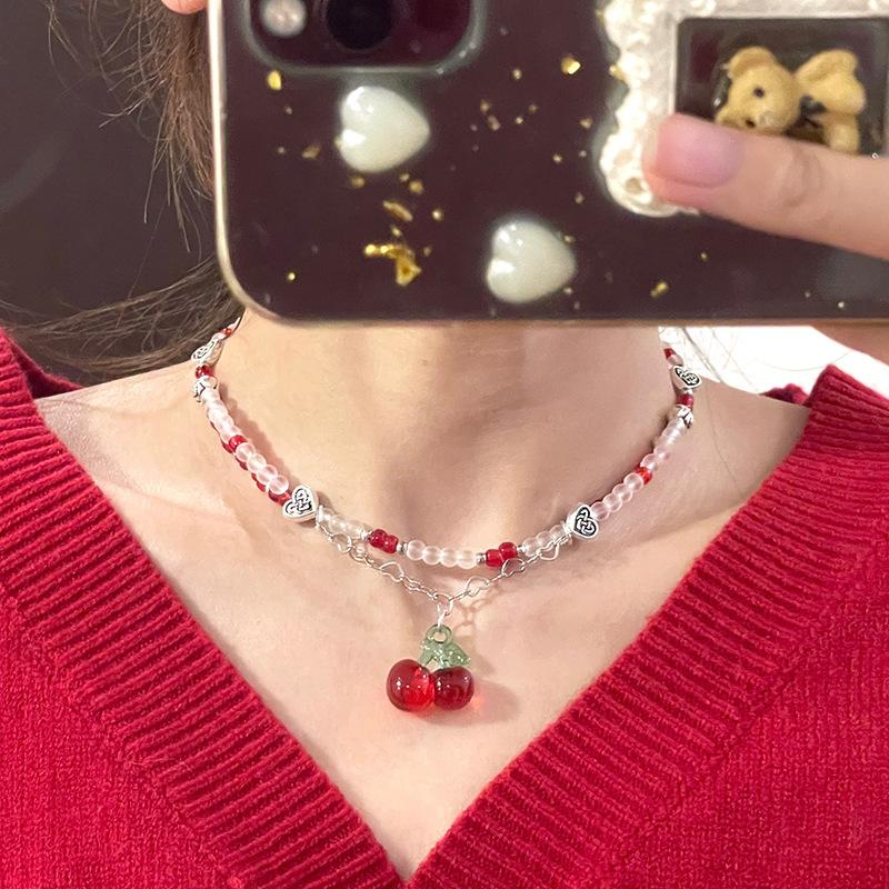 Collana girocollo con perline Ciliegia Rossa Capodanno Natale Perline a forma di Cuore Collane con Ciondolo Ciliegia