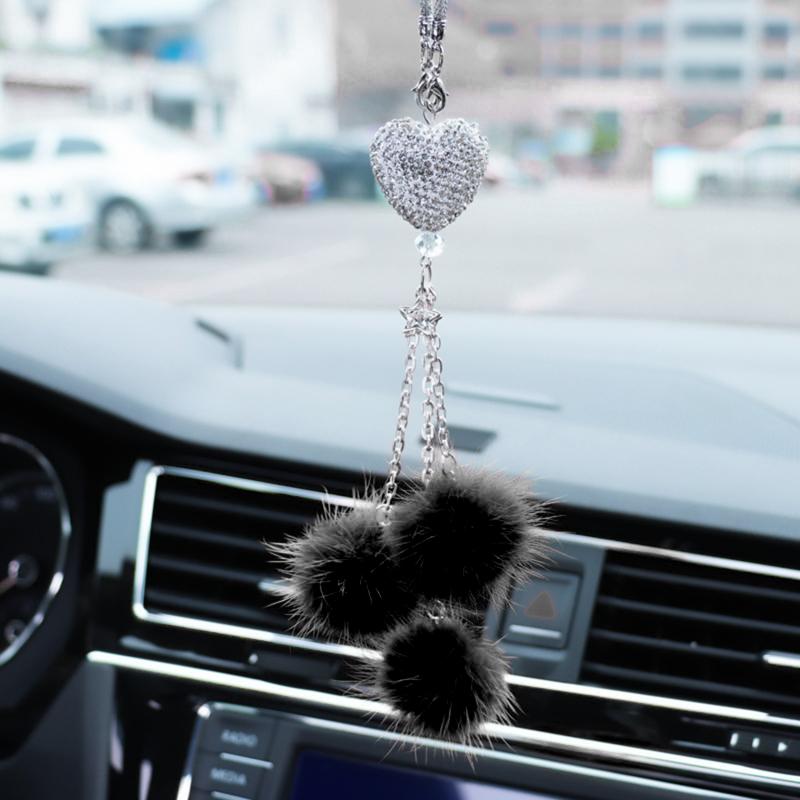Rhinestone Crystal Plush Pendant Auto Rearview Mirror Ornament Bling Car Mirror Hanging Accessories Car Interior Decoration