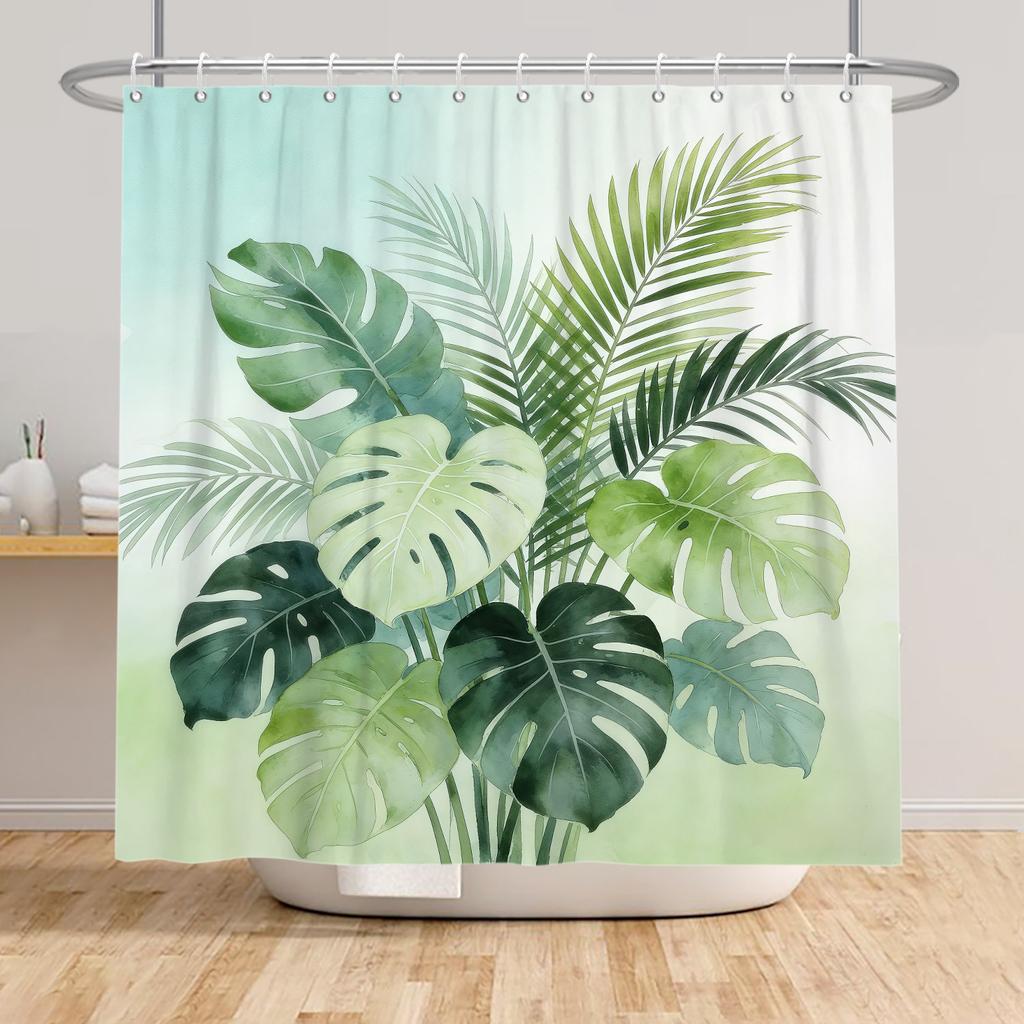 Badezimmer-Duschvorhang mit tropischem Pflanzenmotiv Grüne Blätter Lila Blumen Dekoration Wasserdichter Badezimmervorhang mit Haken