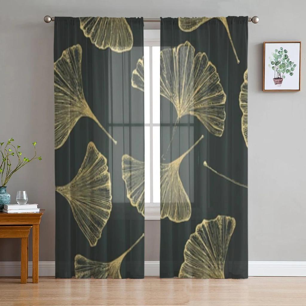 Schöne durchsichtige Vorhänge mit Ginkgo-Blättern für Wohnzimmer, Fenster, transparenter Voile-Tüll-Vorhang, Schlafzimmer-Vorhänge, Heimdekoration
