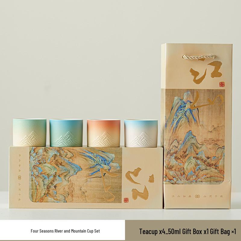 Palace Museum Ceramic Tea Set: Distant Mountains Host Cups & Thousand Miles of Rivers Gift Box