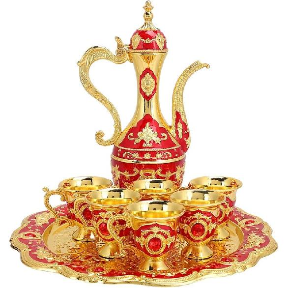 Турецкий чайный сервиз, винтажный турецкий кофейник с 6 кофейными чашками, металлический турецкий чайный сервиз, золотой турецкий кофейник с винтажными чайными чашками и подносом для чая для красный