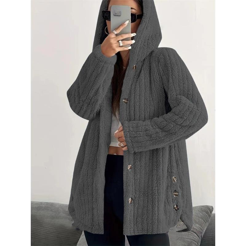 Women's Winter Long Female Warm Loose Plush Hooded Thick Coat Jacket Button Hooded Loose Coat Winter Outerwear