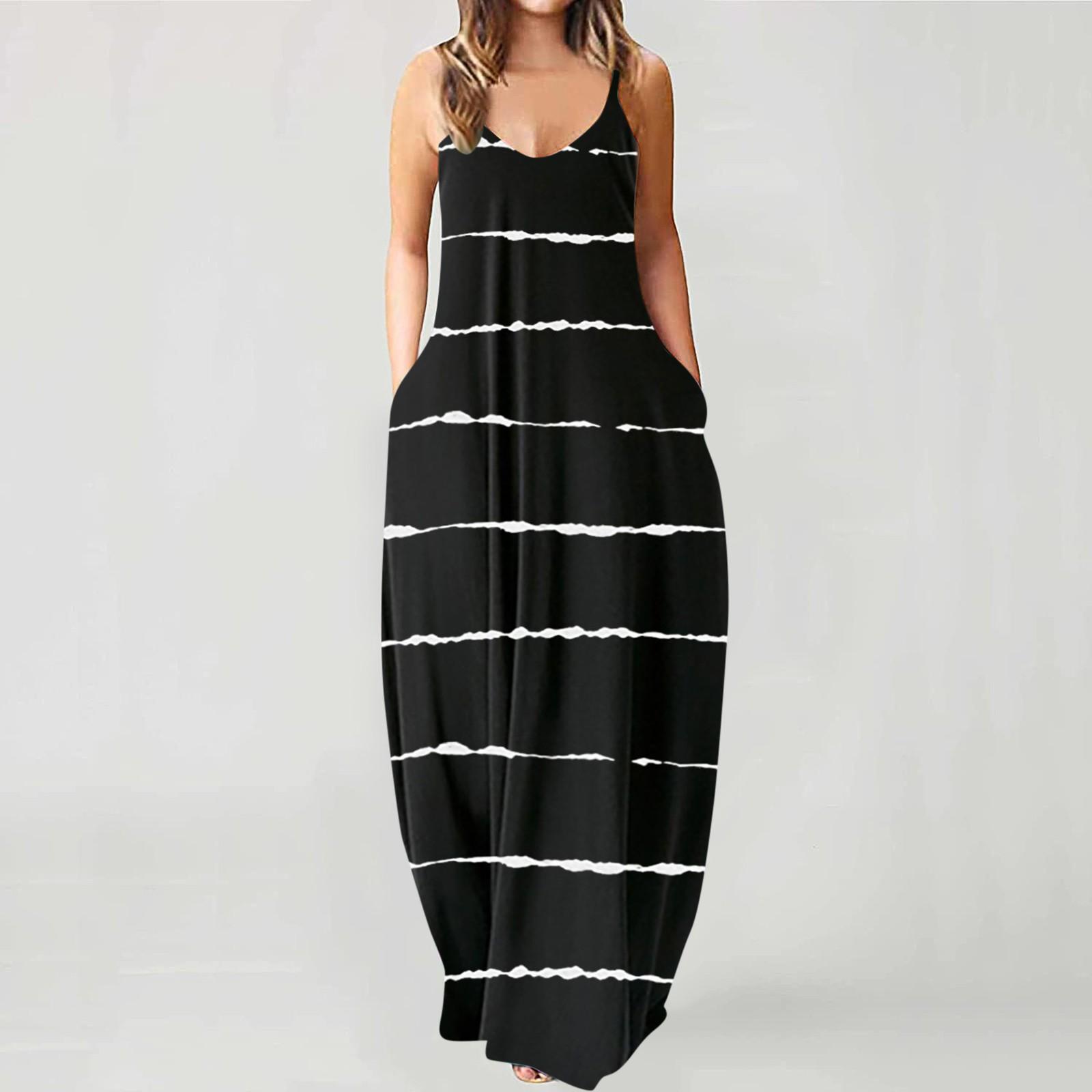 

Fashion Women s Loose Casual Summer Striped Print Pocket Sling Sleeveless Dress XXXXXL