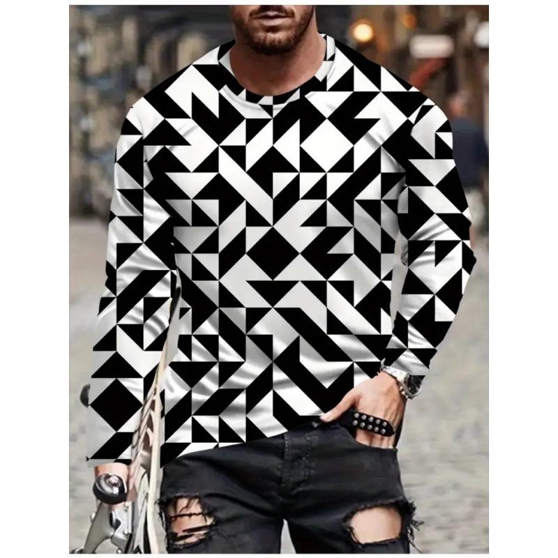 T Shirts for Man Geometric Block 3D Print Autumn Long Sleeve T-Shirt Pullover Casual Male Tops Street Lightweight Men's Clothes