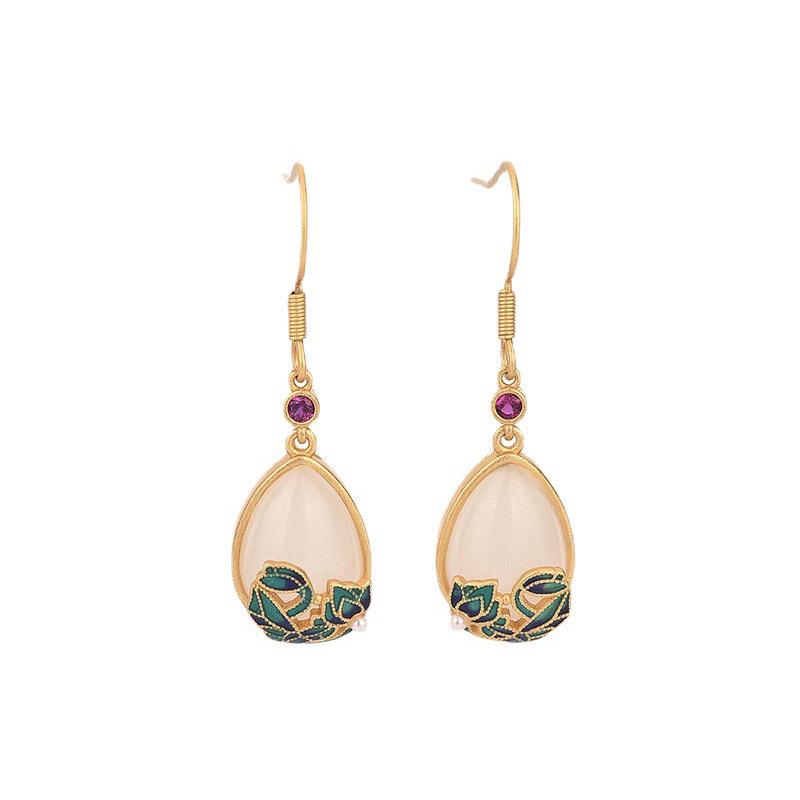 Palace Style Resin & Enamel Painted 925 Sterling Silver Gold Plated Drop Earrings with Inlaid Hetian Jade
