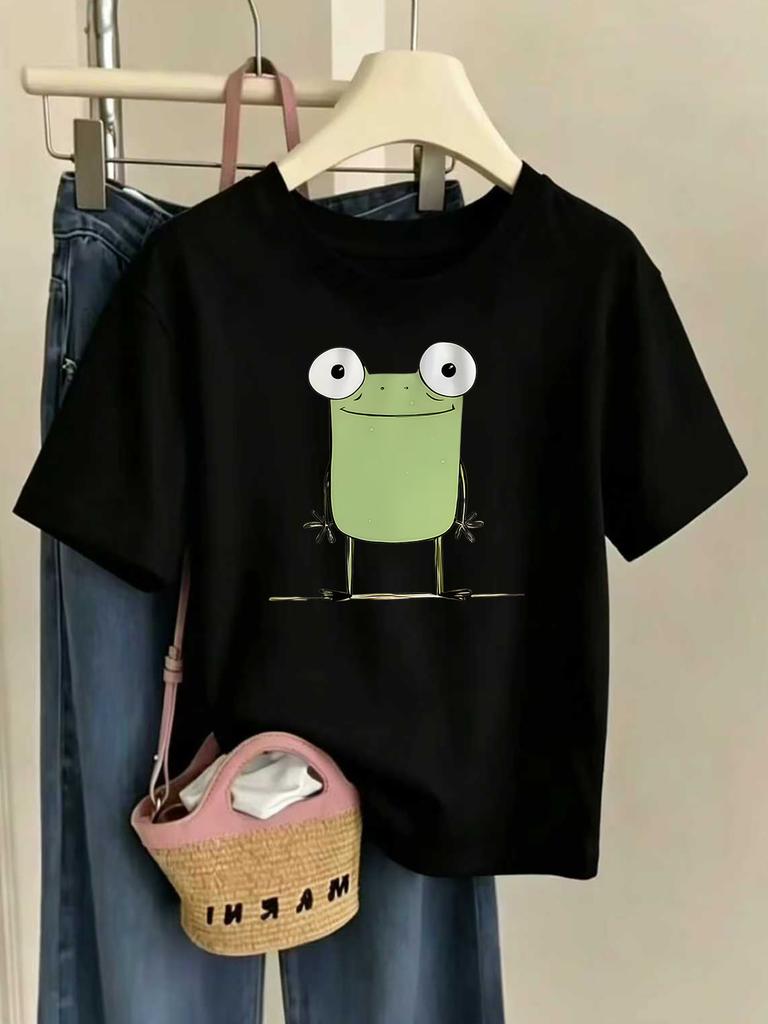 Family Matching Kids Tee Goofy Big Eyed Frog Graphic Short Sleeve Cotton T Shirt Girls Boys Parent Child Fun Daily Casual Wear