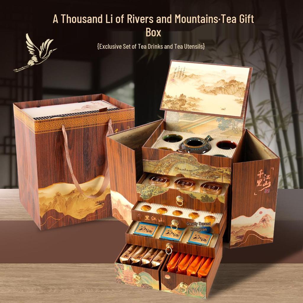 Premium Tea Gift Box: Oolong, Black, Pu-erh & Jasmine - A Thousand Li of Rivers and Mountains Collection