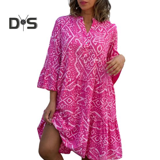 

Women Spring Summer Dress Three Quarter Horn Sleeve Color Matching Geometric Print A line Patchwork Loose Hem V Neck Bohemian Midi Dress L рожевий червоний колір