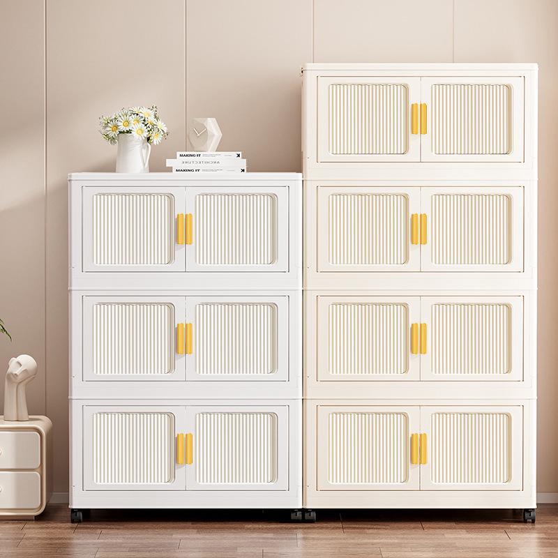 Movable Multi-Layer Folding Storage Cabinet: No-Installation Plastic Organizer for Bedroom and Living Room