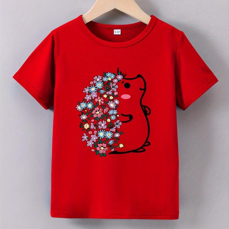 Girls' Summer Short-Sleeve Cartoon 'Flower Hedgehog' Print T-Shirt