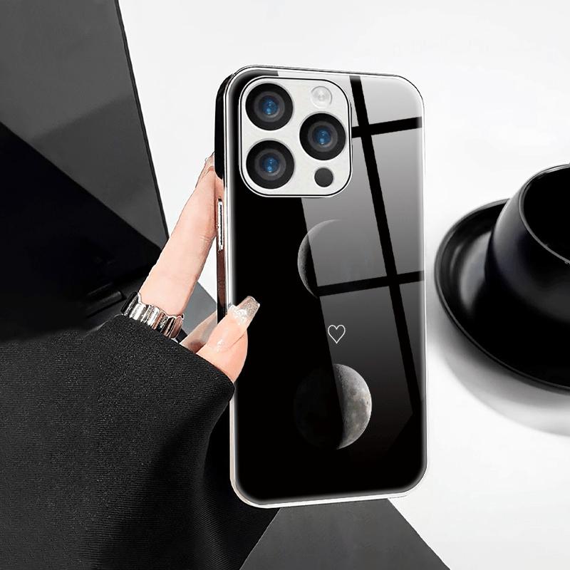 Fashionable Moon Love Pattern Glass Phone Case Suitable for iPhone 17 16 15 14 13 12 11 Pro/Max/Plus Anti Shock Back Cover