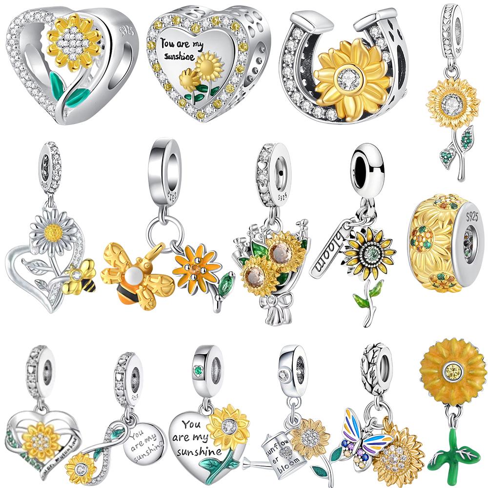 New 925 Silver Fashion Golden Sunflowers Heart Charm Beads Fit Pendant Original Bracelets Party Gift DIY Jewelry