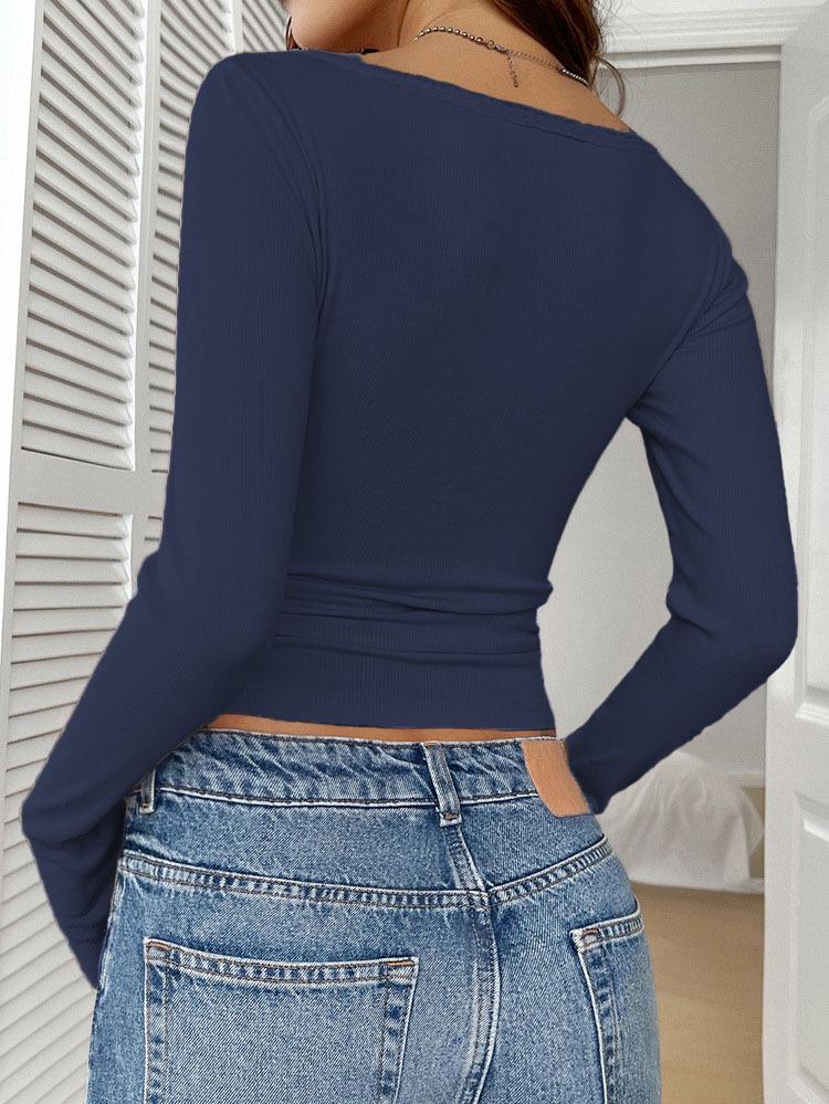 New Autumn/Winter 2025 European Lace Button V-Neck Slim Fit Long Sleeve Women's Top