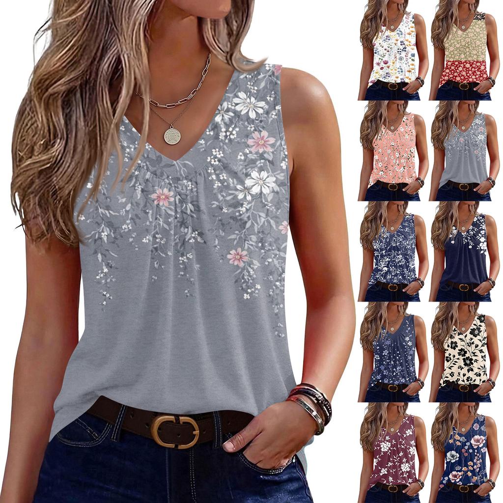 Womens Tank Tops Sleeveless Loose Fit Tops V Neck Pleated Shirts Basic Tees