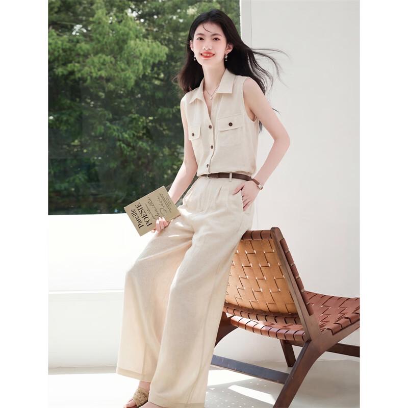 Women's Linen Blend Sleeveless Shirt & Wide-Leg Pants Set