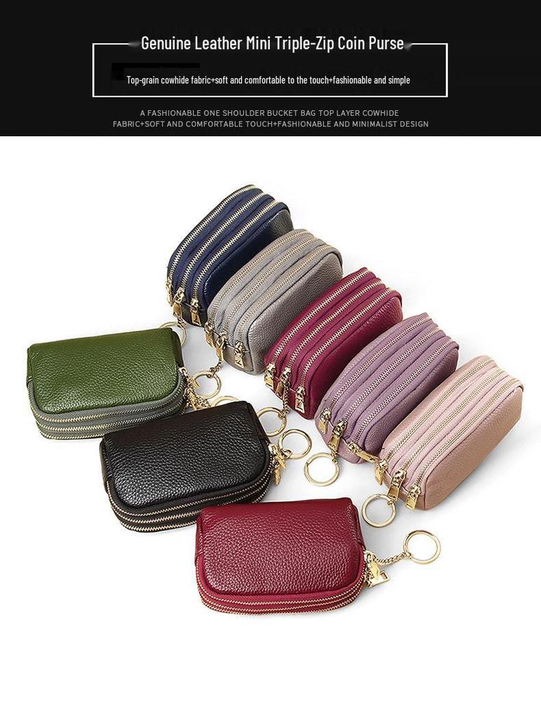 Women's Genuine Leather Three-Zipper Coin and Key Clutch