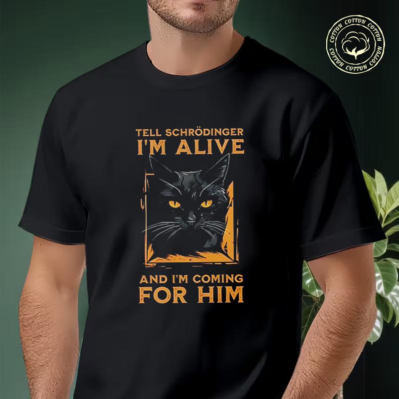 Vintage Cat With Orange Eyes And Schrodinger Humor Moto T-Shirt Men Cotton Tees O-neck Short Sl