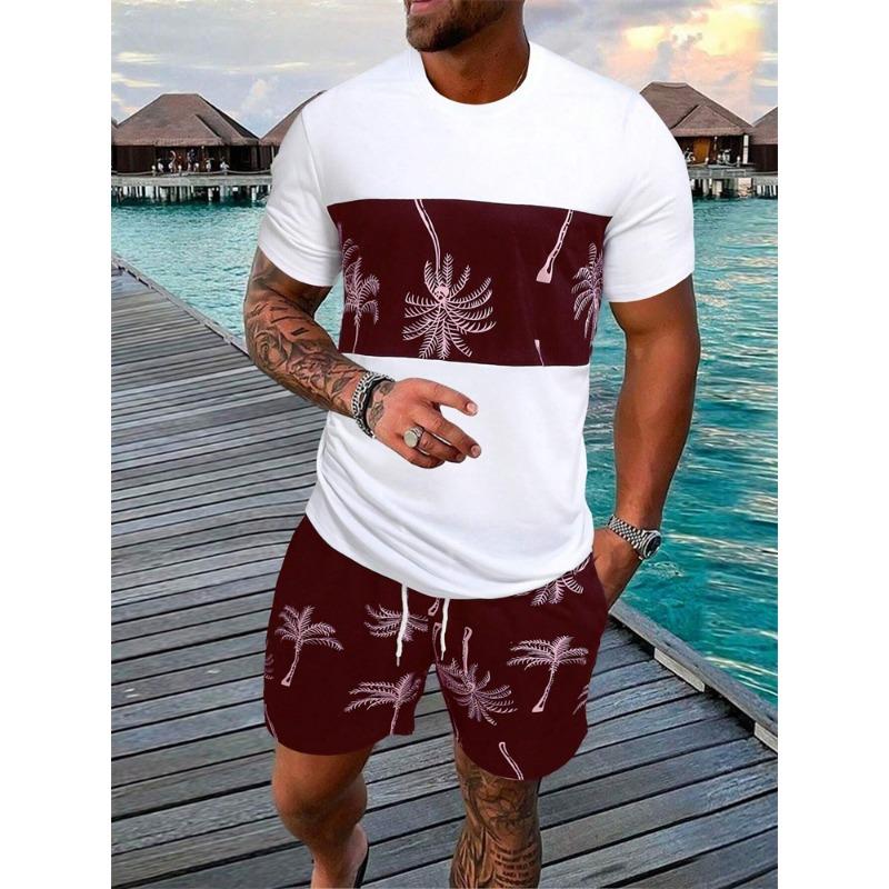 Men's Short Sleeve Shorts Set Beach Resort Style Stylish T-Shirt and Drawstring Shorts 2 Piece Hawaiian Men's Casual Wear Set