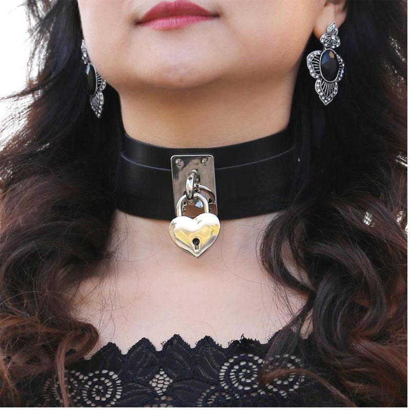 Heart Choker Necklace For Women lock Collar Leather Chockers Goth Punk Jewelry