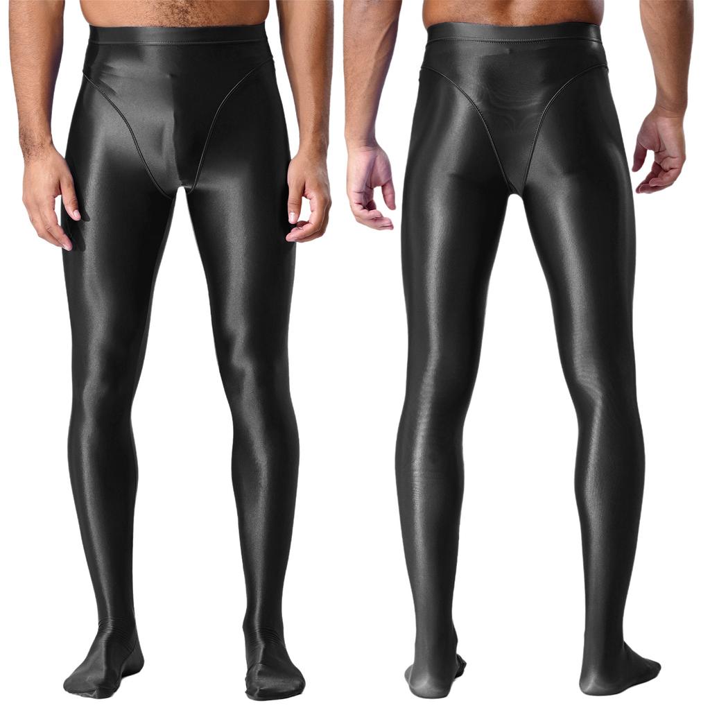 Męskie błyszczące legginsy o wyglądzie mokrej skóry Błyszczący elastyczny pas Wzór ze stopami Dopasowany krój Obcisłe spodnie-rajstopy